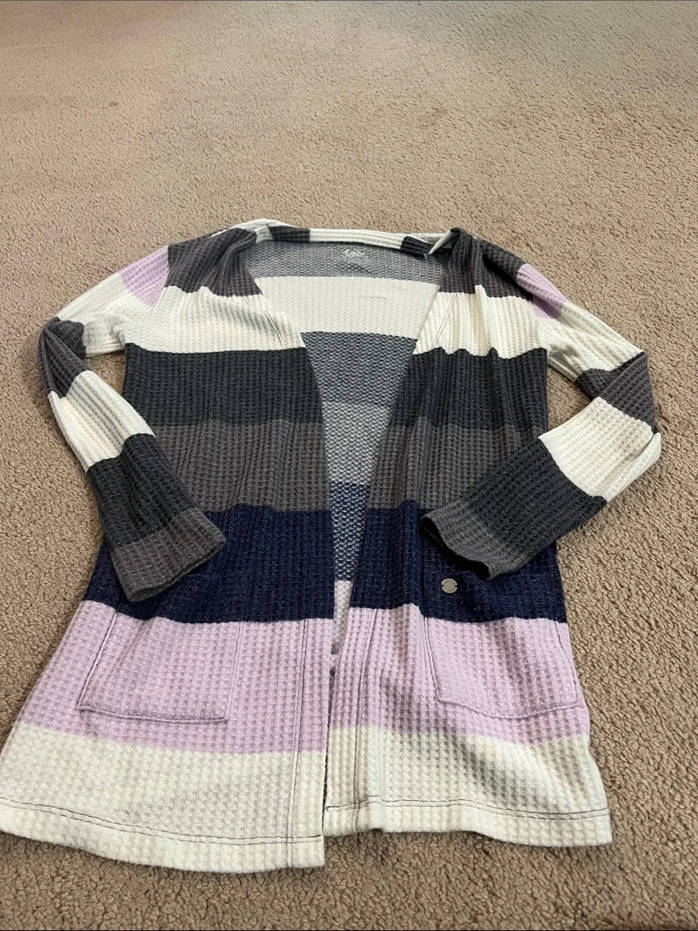 Justice Striped Waffle-Knit Open Cardigan in Gray, Navy & Lilac